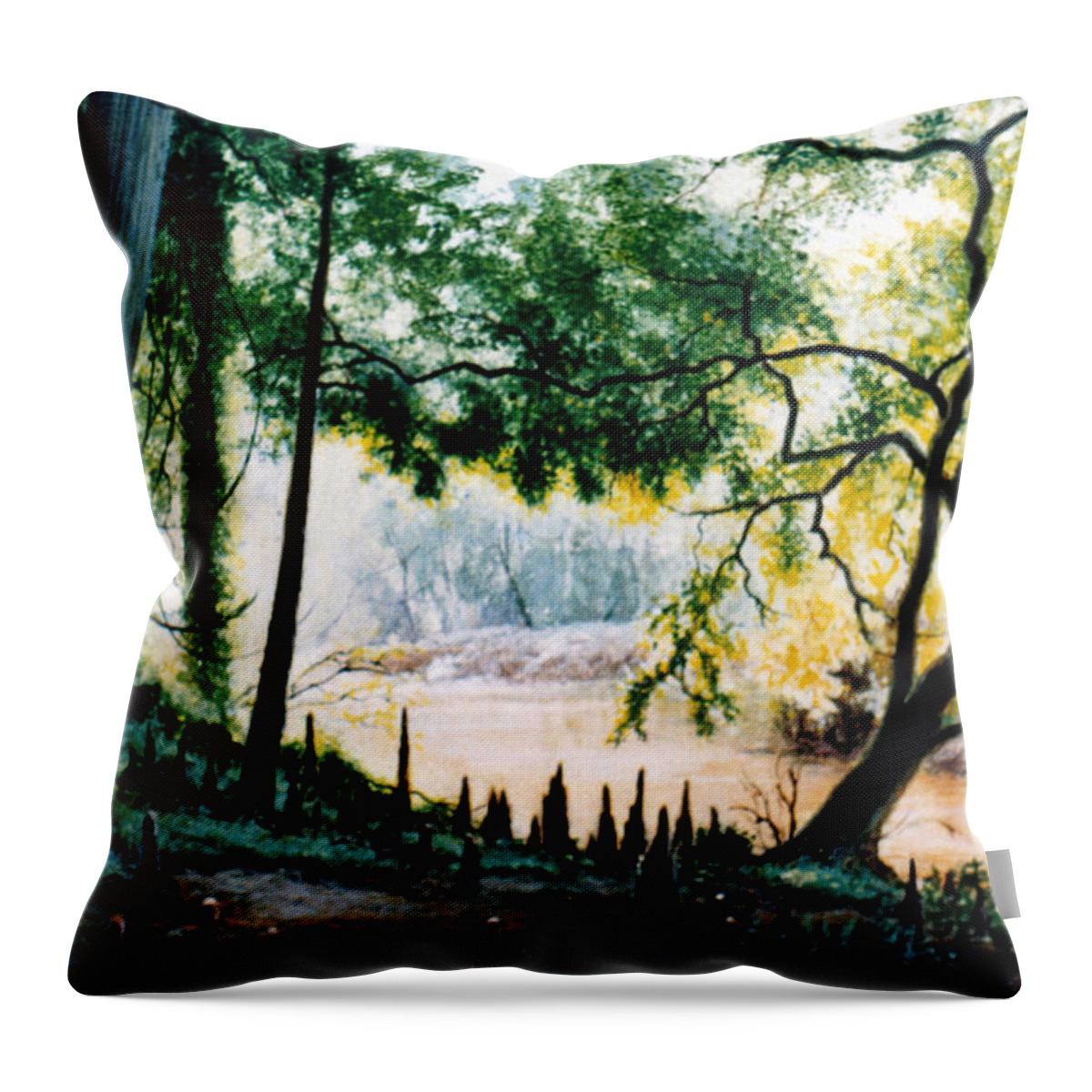 Cypress Throw Pillow featuring the painting Cypress Knees by Randy Welborn