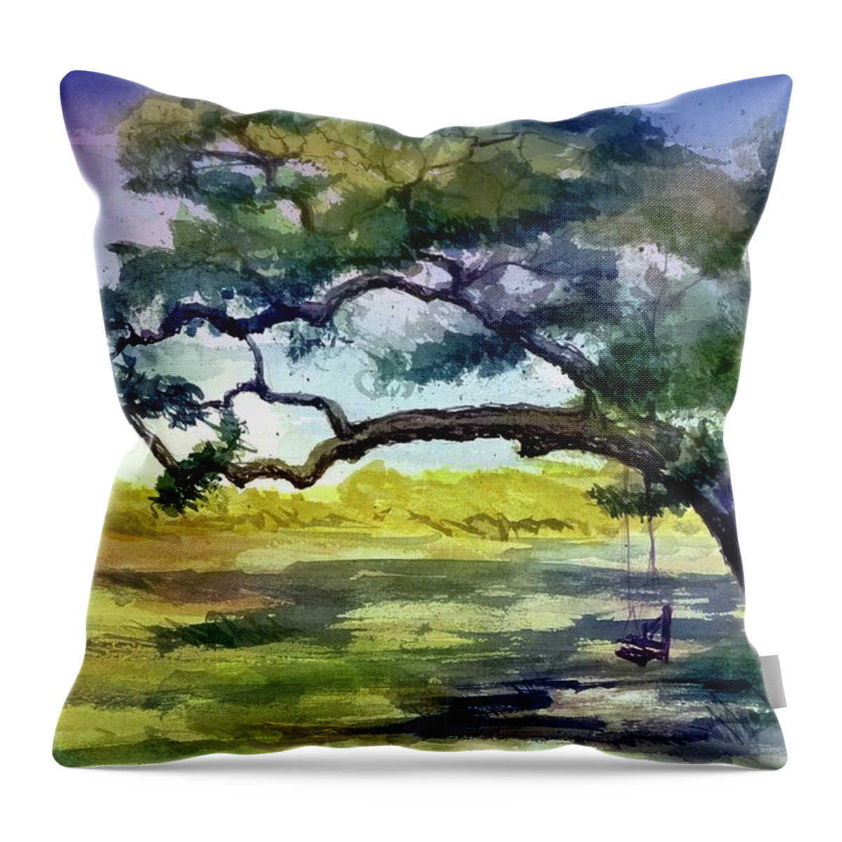 Tree Throw Pillow featuring the painting DA187 Tree Swing painting by Daniel Adams by Daniel Adams