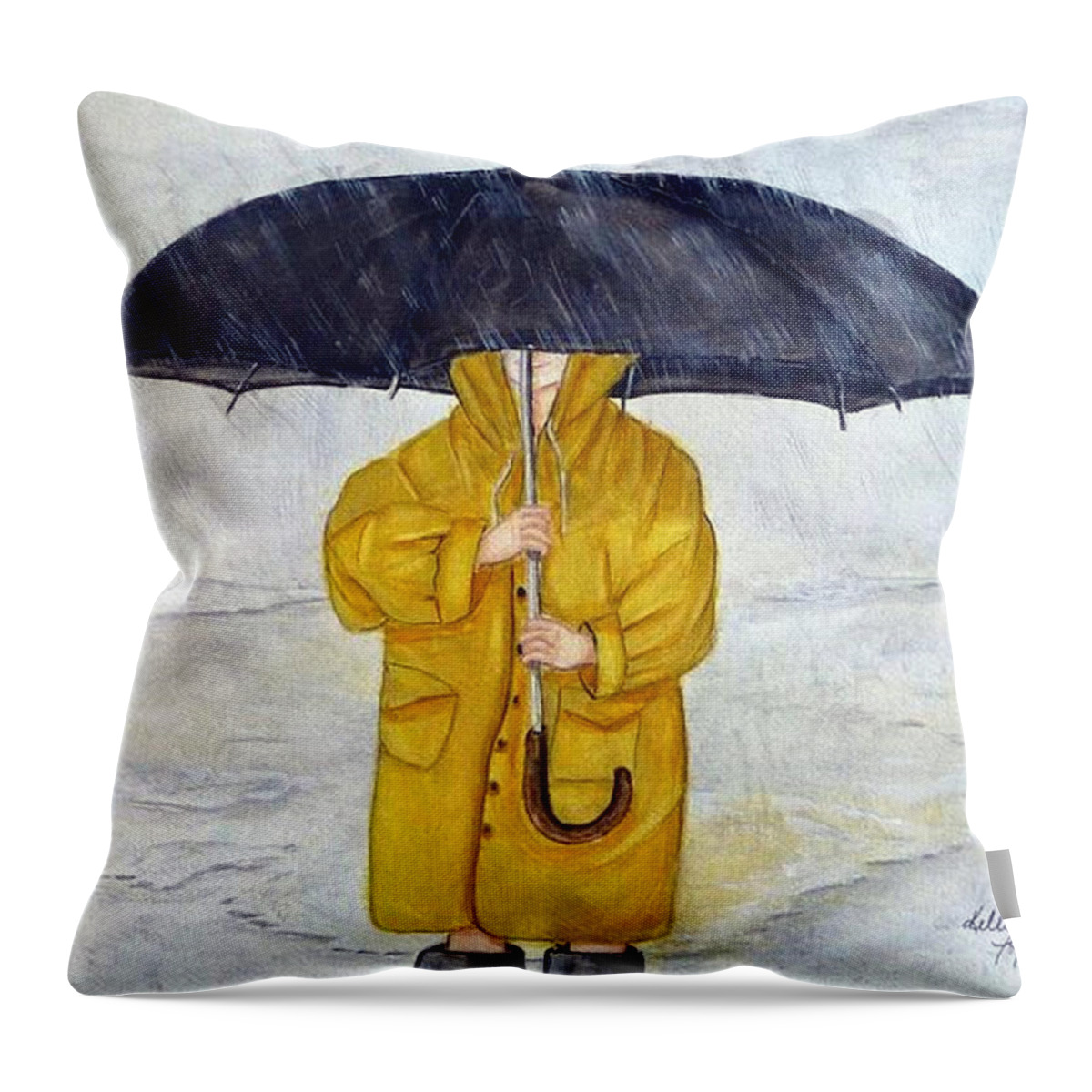 Rainwear Throw Pillow featuring the painting Daddy's Umbrella by Kelly Mills