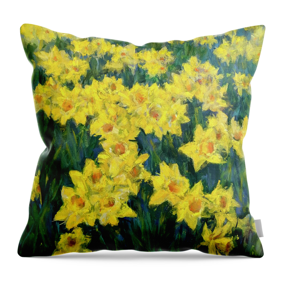 Floral Throw Pillow featuring the painting Daffodils for Peggy by Peter Salwen