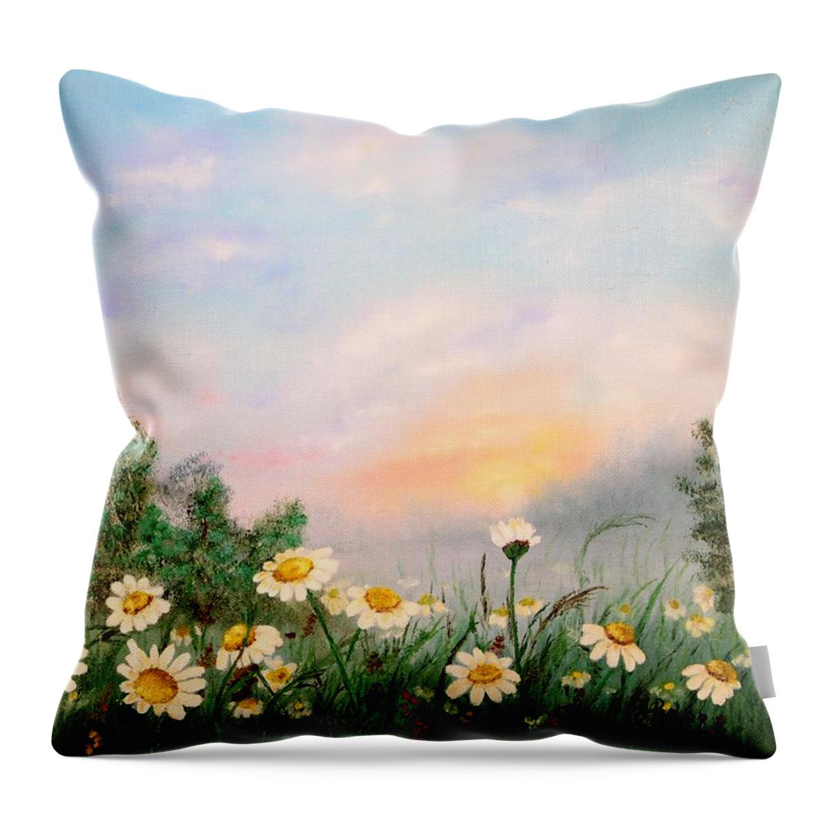 Wall Art Daisies Sunrise Landscape Small Flowers White Daisies Oil Painting Original Art Picture Wall Art Painting Art For The Living Room Office Decor Gift Idea For Him Throw Pillow featuring the painting Daisies by Tanya Harr
