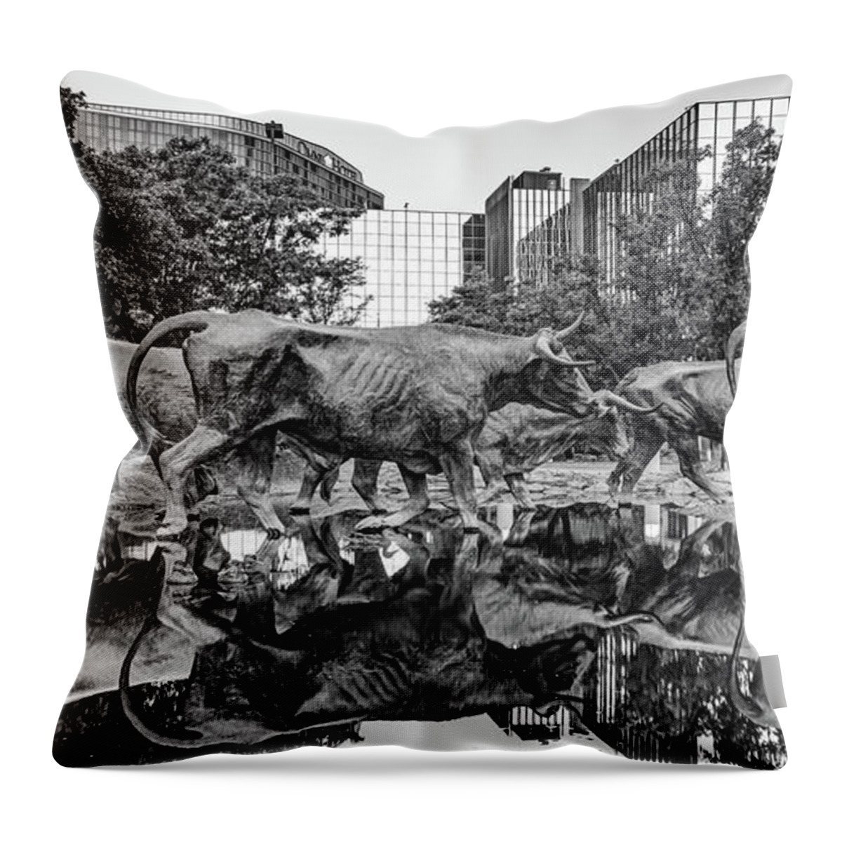 Dallas Skyline Throw Pillow featuring the photograph Dallas Pioneer Plaza Texas Longhorns and Cattle Drive Sculptures Panorama - Black and White by Gregory Ballos