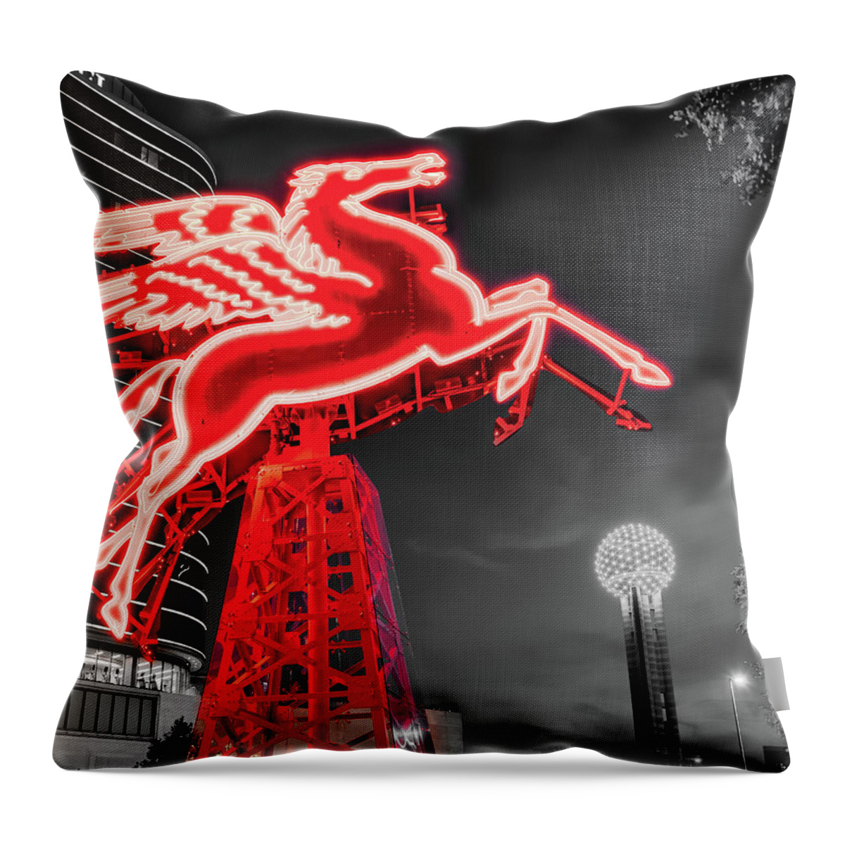 Dallas Pegasus Throw Pillow featuring the photograph Dallas Red Pegasus and Reunion Tower - Selective Coloring by Gregory Ballos