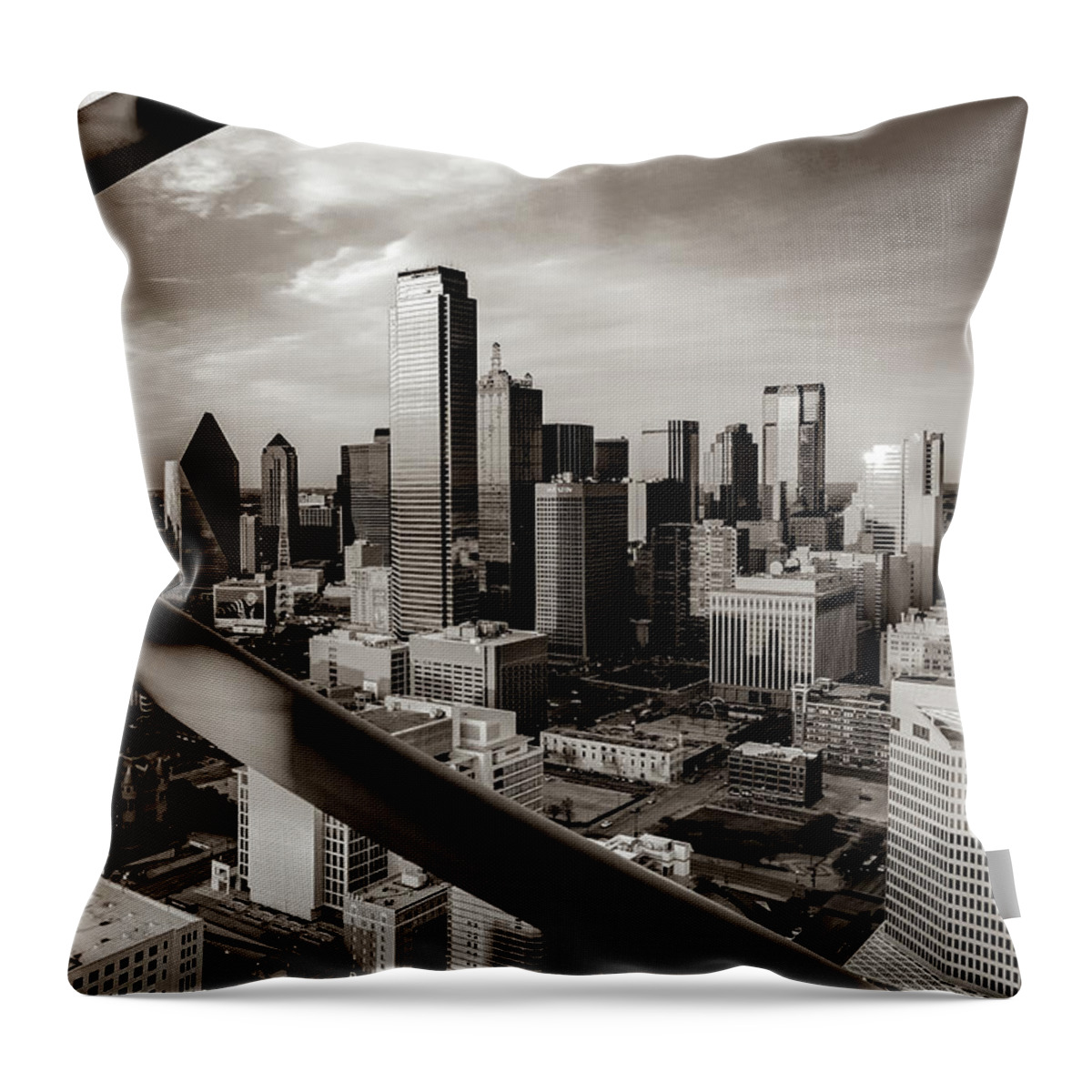 Dallas Skyline Throw Pillow featuring the photograph Dallas Skyline Through Reunion Tower - Sepia Infrared by Gregory Ballos