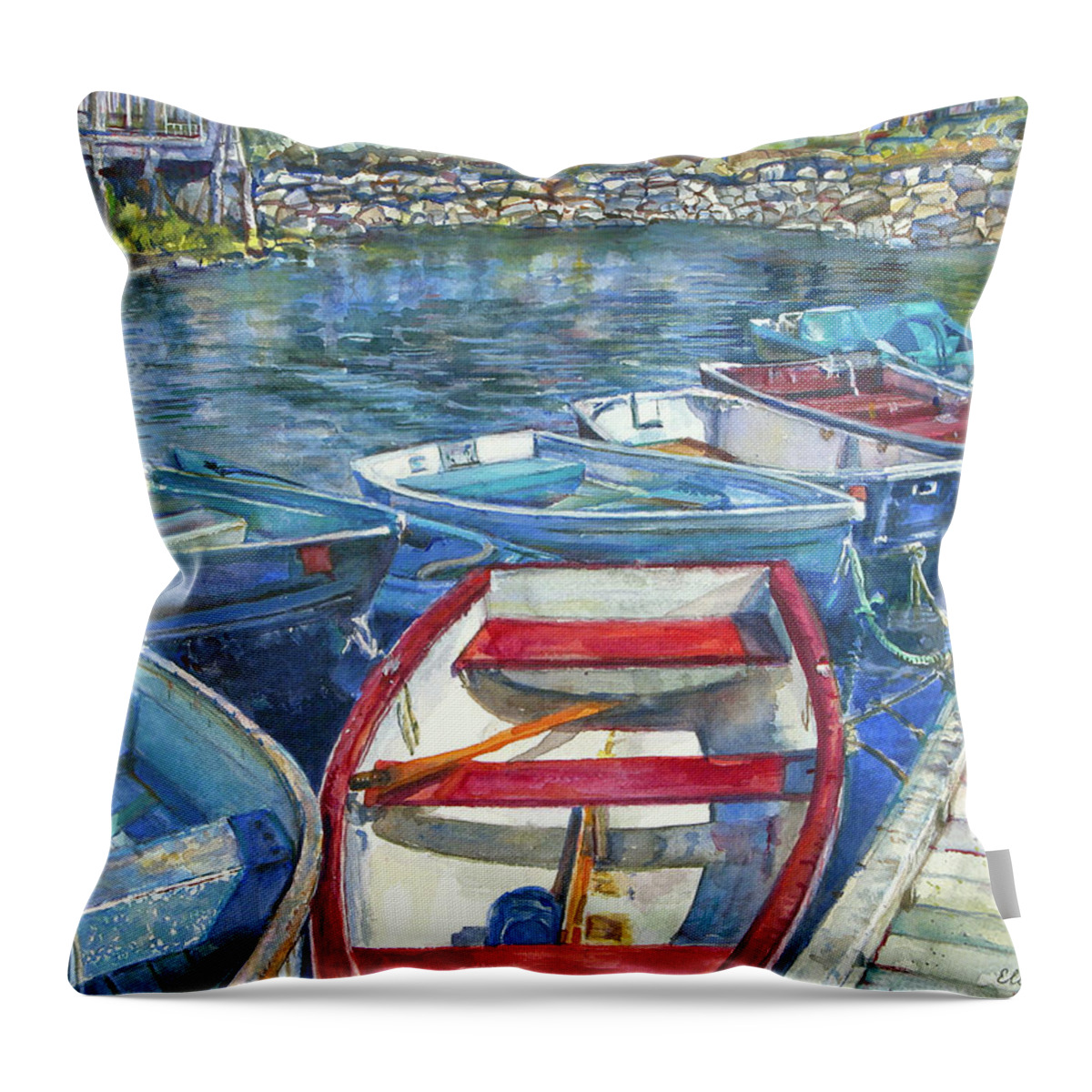 Damariscotta Throw Pillow featuring the painting Damariscotta Dinghies by Elizabeth Palmer