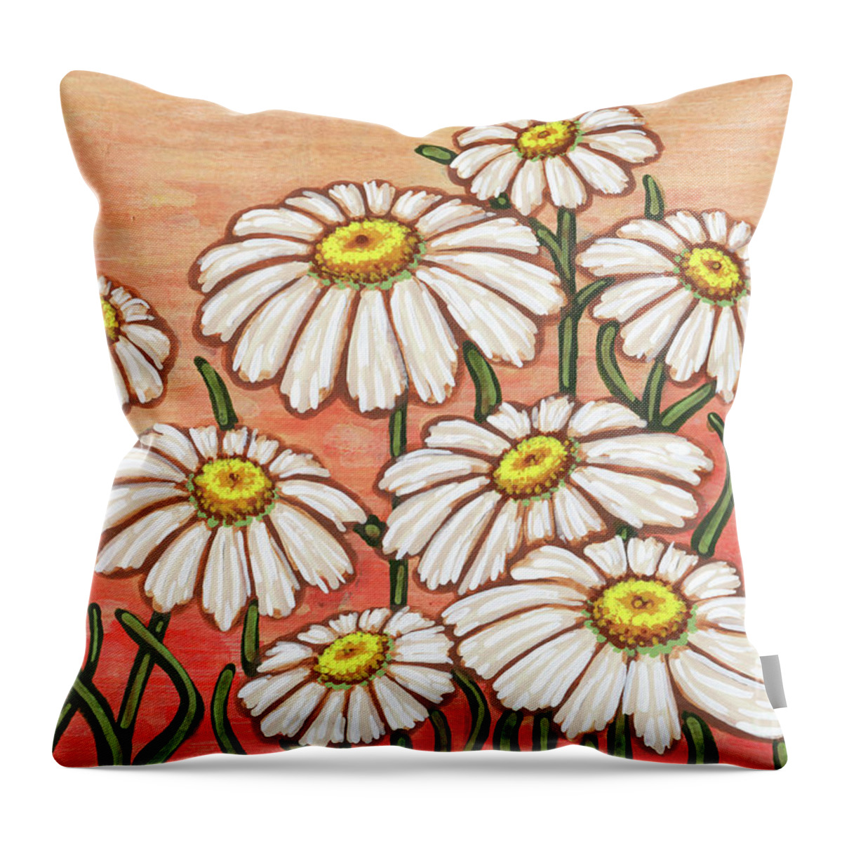 Daisy Throw Pillow featuring the painting Dancing Daisy Daydreams in Sun Kissed Peach Skies by Amy E Fraser