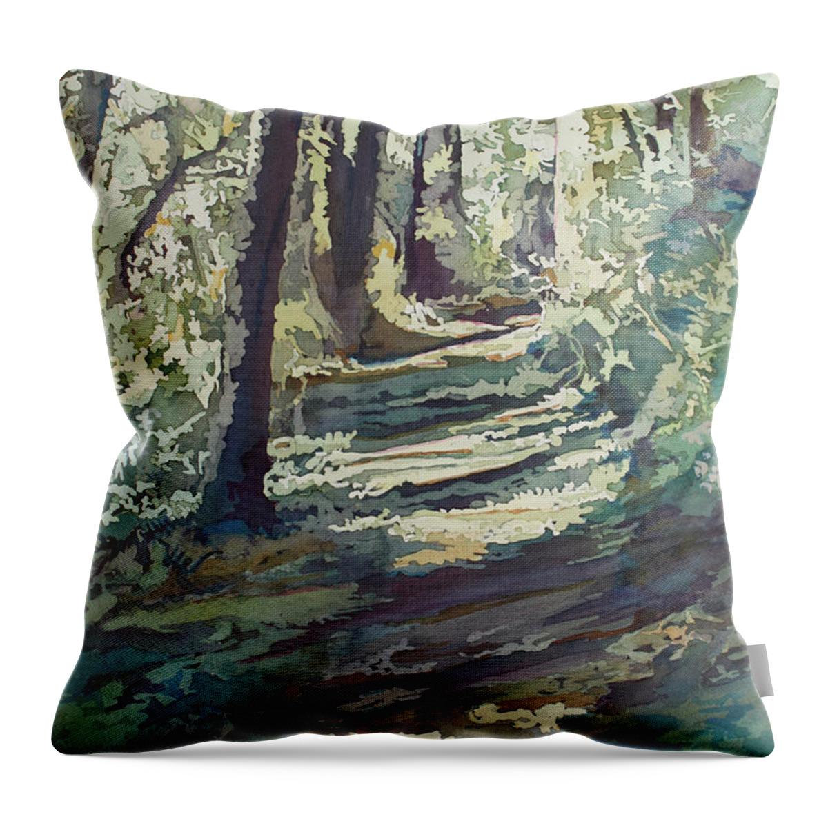 Spring Throw Pillow featuring the painting Dappled Spring Trail by Jenny Armitage