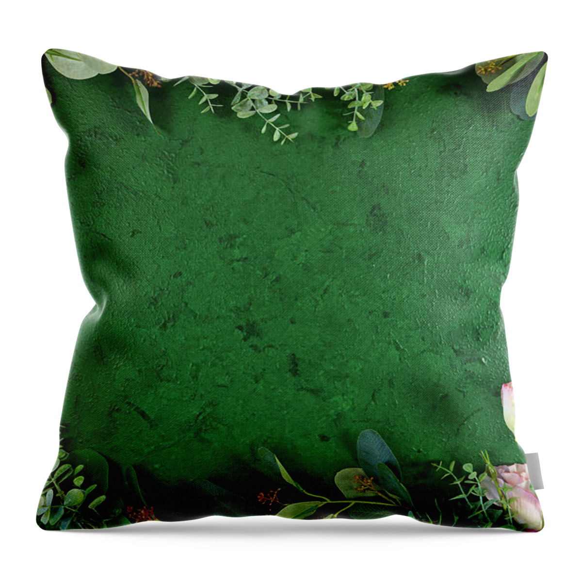 Dark Green Throw Pillow featuring the photograph Dark green aesthetic nature theme creative layout flat lay background. by Milleflore Images