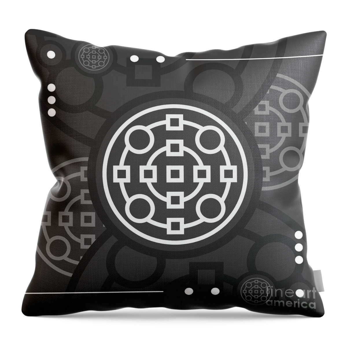 Abstract Throw Pillow featuring the mixed media Dark Steely Geometric Glyph Art in Black Gray and White n.0140 by Holy Rock Design