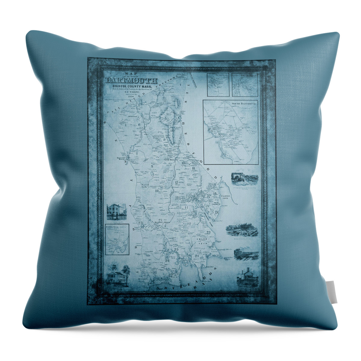 Massachusetts Map Throw Pillow featuring the photograph Dartmouth Massachusetts Vintage Map 1856 Blue by Carol Japp