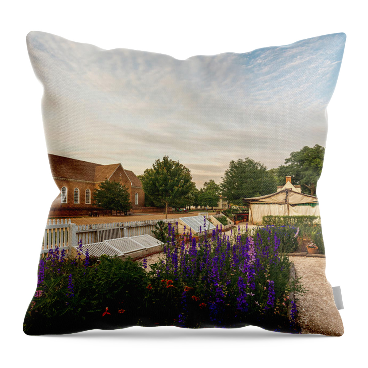 Colonial Williamsburg Throw Pillow featuring the photograph Day Begins in the Spring on Duke of Gloucester Street by Rachel Morrison