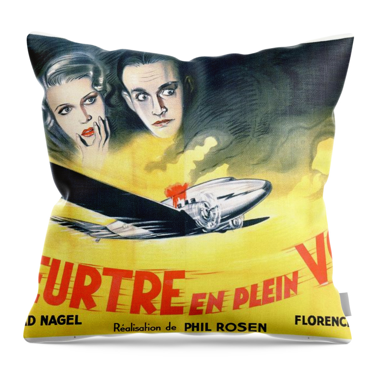 Synopsis Throw Pillow featuring the mixed media ''Death Flies East'', 1935 - art by Roland Coudon by Movie World Posters