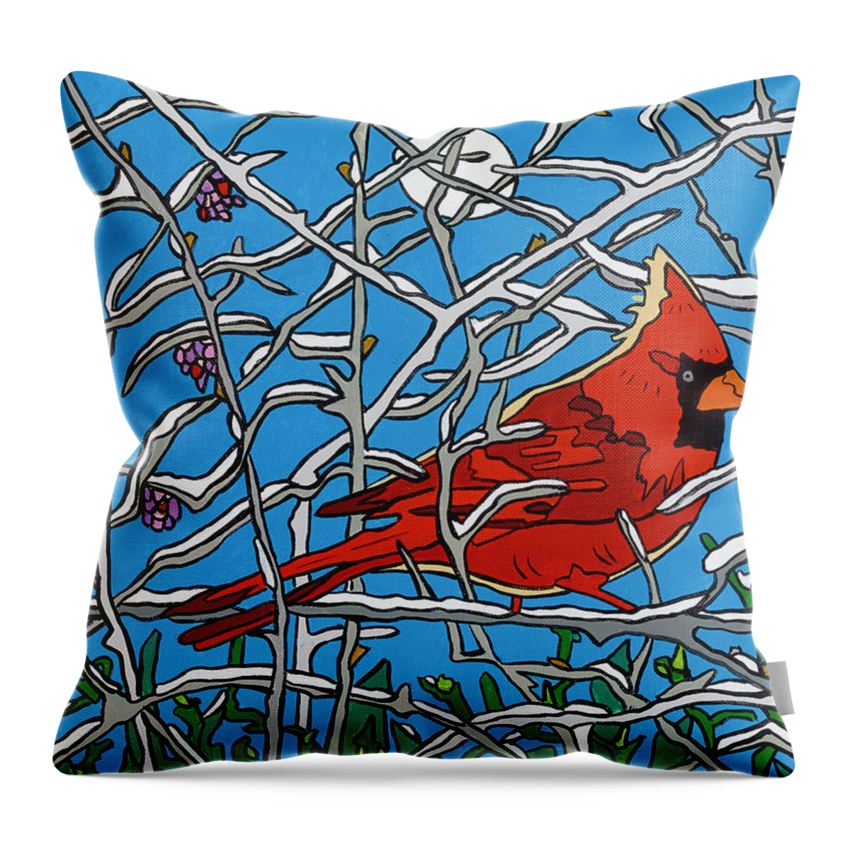 Cardinal December Throw Pillow featuring the painting December Perch by Mike Stanko