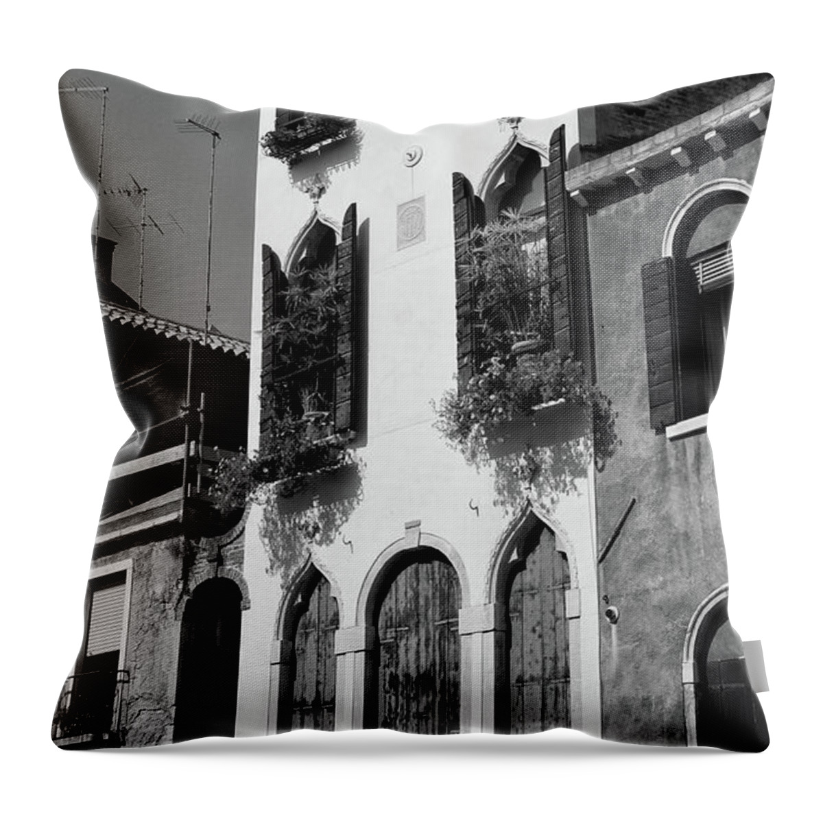 Venice Throw Pillow featuring the photograph Decorated Historic Venetian Home in Venice Italy Black and White by Shawn O'Brien
