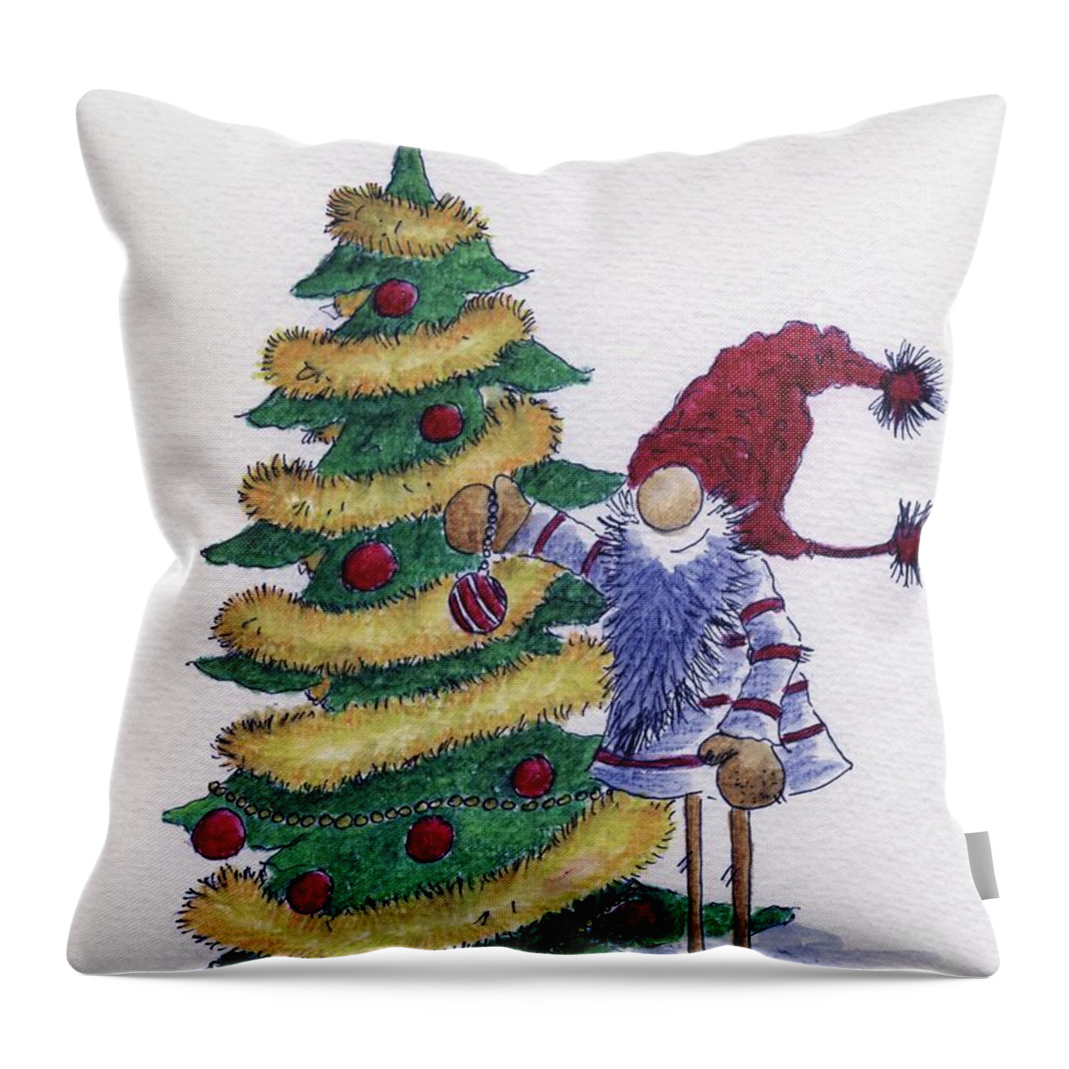 Christmas Tree Throw Pillow featuring the painting Decorating Xmas tree by Eva Ason