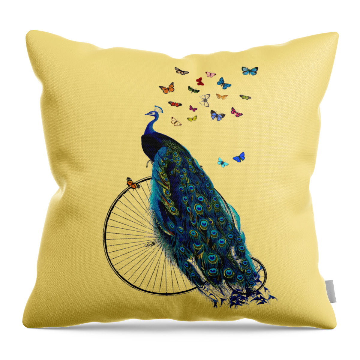 Peacock Throw Pillow featuring the digital art Decorative peacock on bicycle with butterflies by Madame Memento