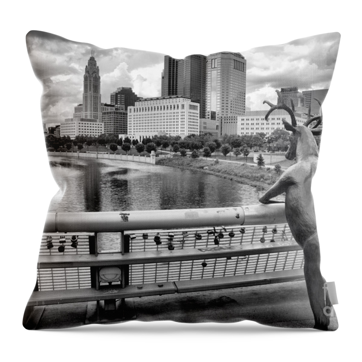 Rich Throw Pillow featuring the photograph Deer On The Rich Street Bridge Black And White by Adam Jewell