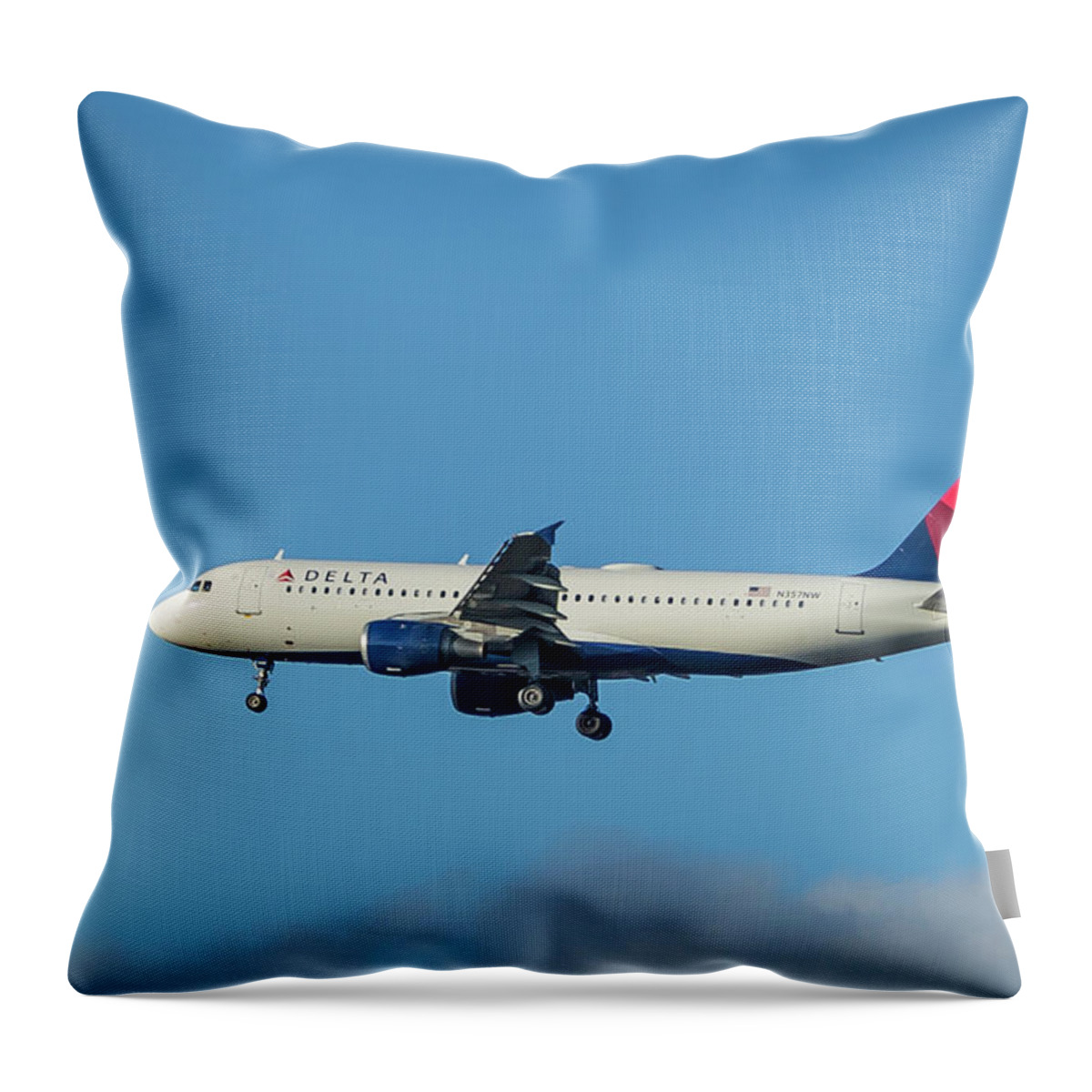 Reid Callaway Delta Air Lines Airplane N357dn Throw Pillow featuring the photograph Delta Airlines Jet N357NW Airbus A320 Arriving Hartsfield Jackson Atlanta International Airport Art by Reid Callaway