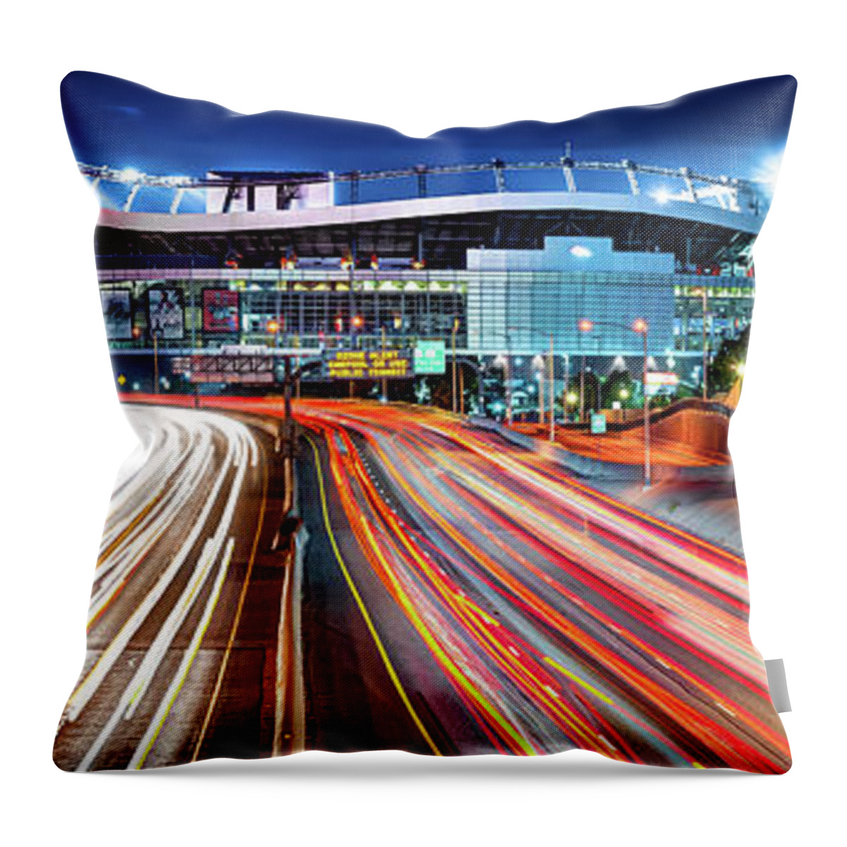 Broncos Stadium Throw Pillow featuring the photograph Denver Colorado Mile High Stadium Panorama by Gregory Ballos