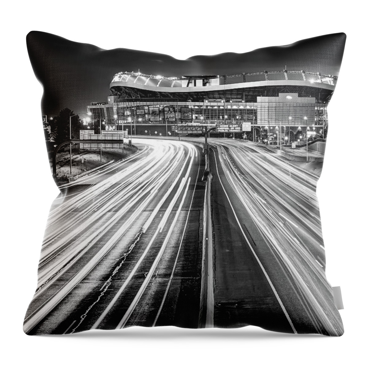 Broncos Stadium Throw Pillow featuring the photograph Denver Colorado Stadium at Mile High - Black and White by Gregory Ballos