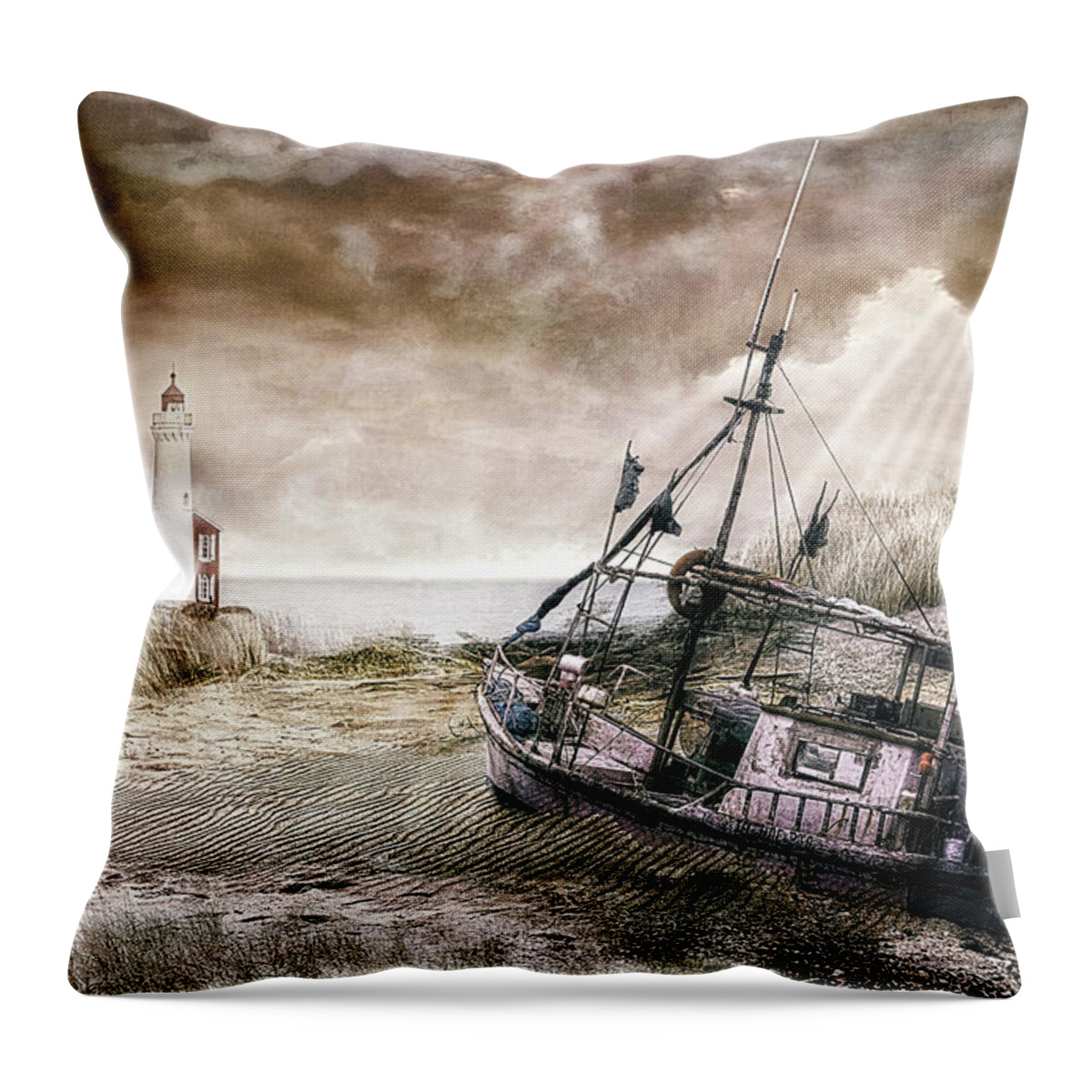 Landscape Throw Pillow featuring the digital art Derelict Boat by Merrilee Soberg
