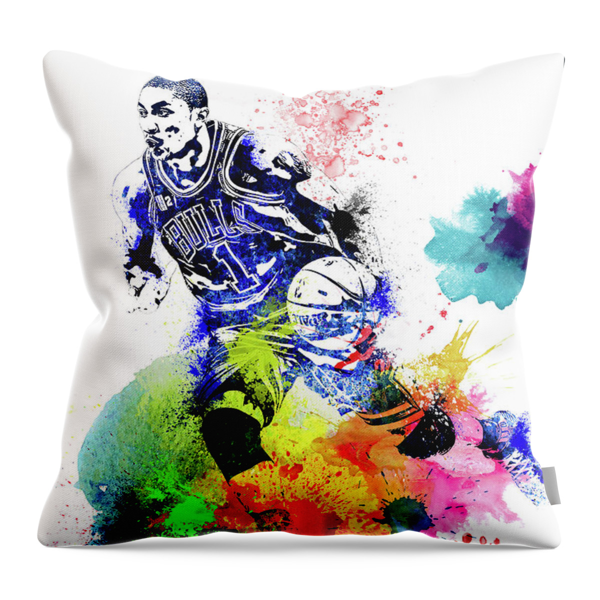 Derrick Rose Throw Pillow featuring the mixed media Derrick Rose Watercolor I by Naxart Studio