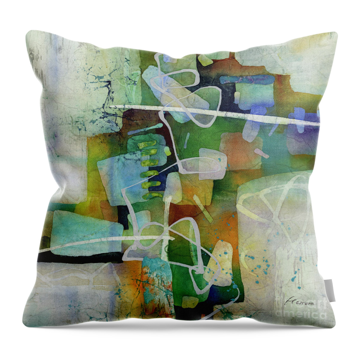 Abstract Throw Pillow featuring the painting Desert Pueblo - Green by Hailey E Herrera