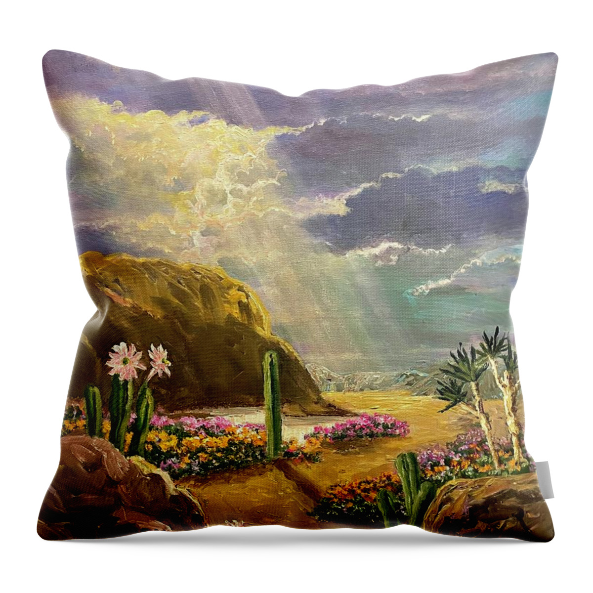 Desert Throw Pillow featuring the painting Desert Trumpets by Rand Burns