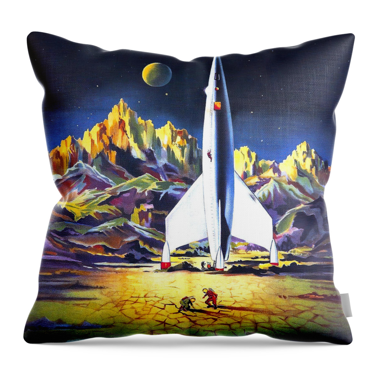Destination Throw Pillow featuring the painting ''Destination Moon'', 1950, movie poster painting by Movie World Posters