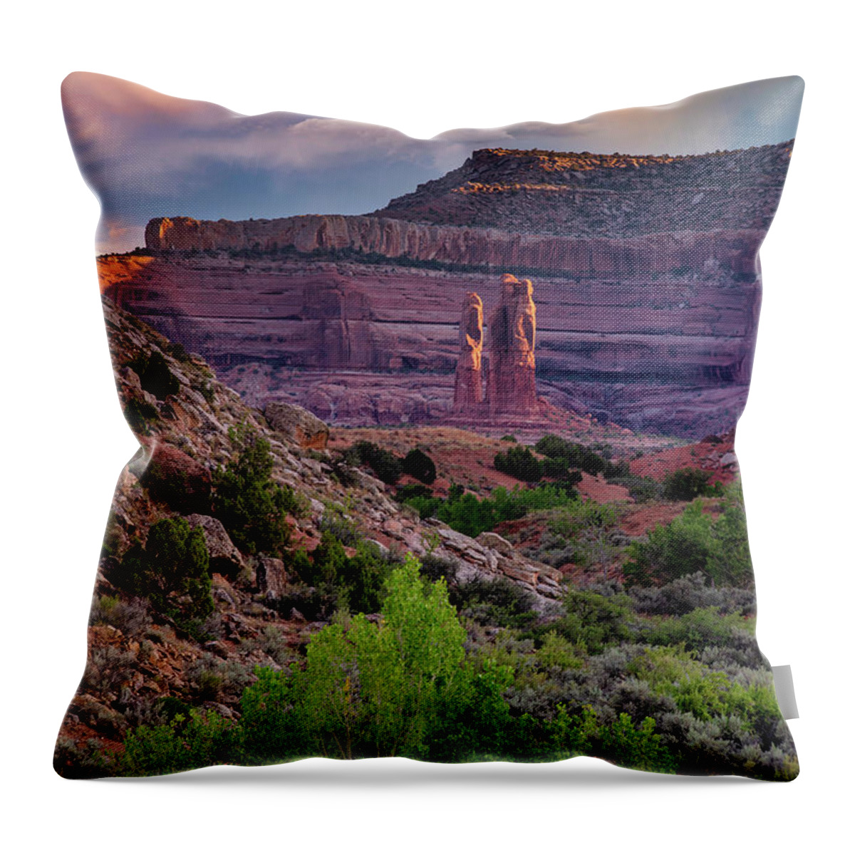 Moab Utah Blm Desert Colorado Plateau Sunset Red Rock Throw Pillow featuring the photograph Determination Towers by Dan Norris