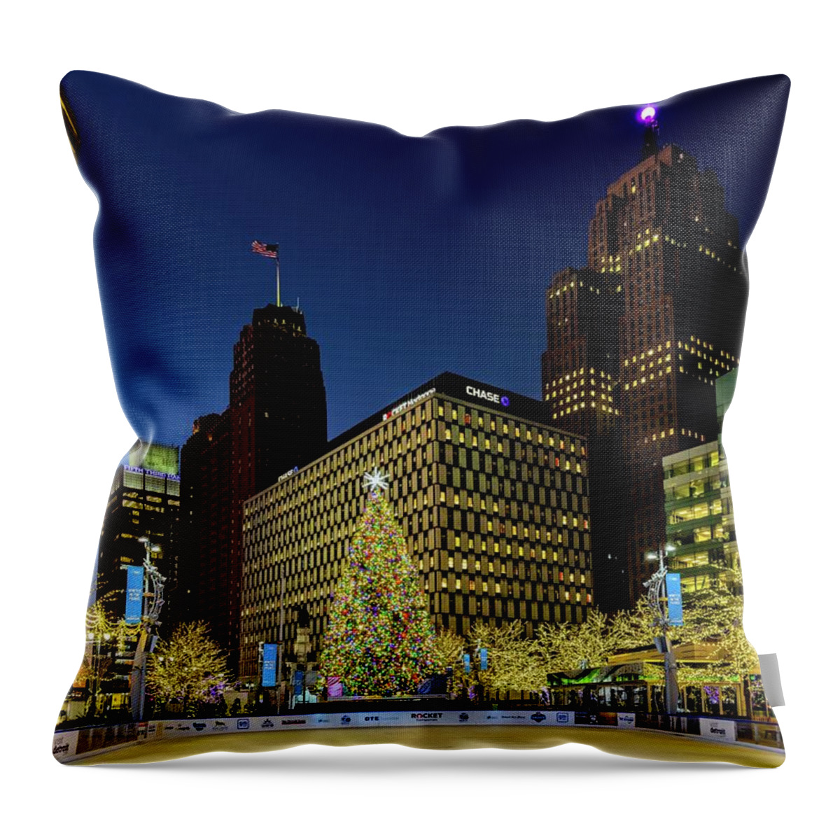 Detroit Throw Pillow featuring the photograph Detroit Campus Martius Rink and Christmas Tree IMG_6330 by Michael Thomas