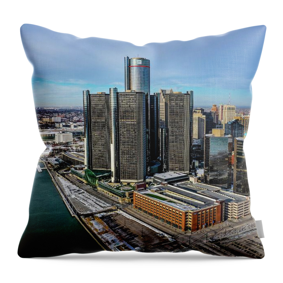 Detroit Throw Pillow featuring the photograph Detroit Ren Cen DJI_0475 by Michael Thomas