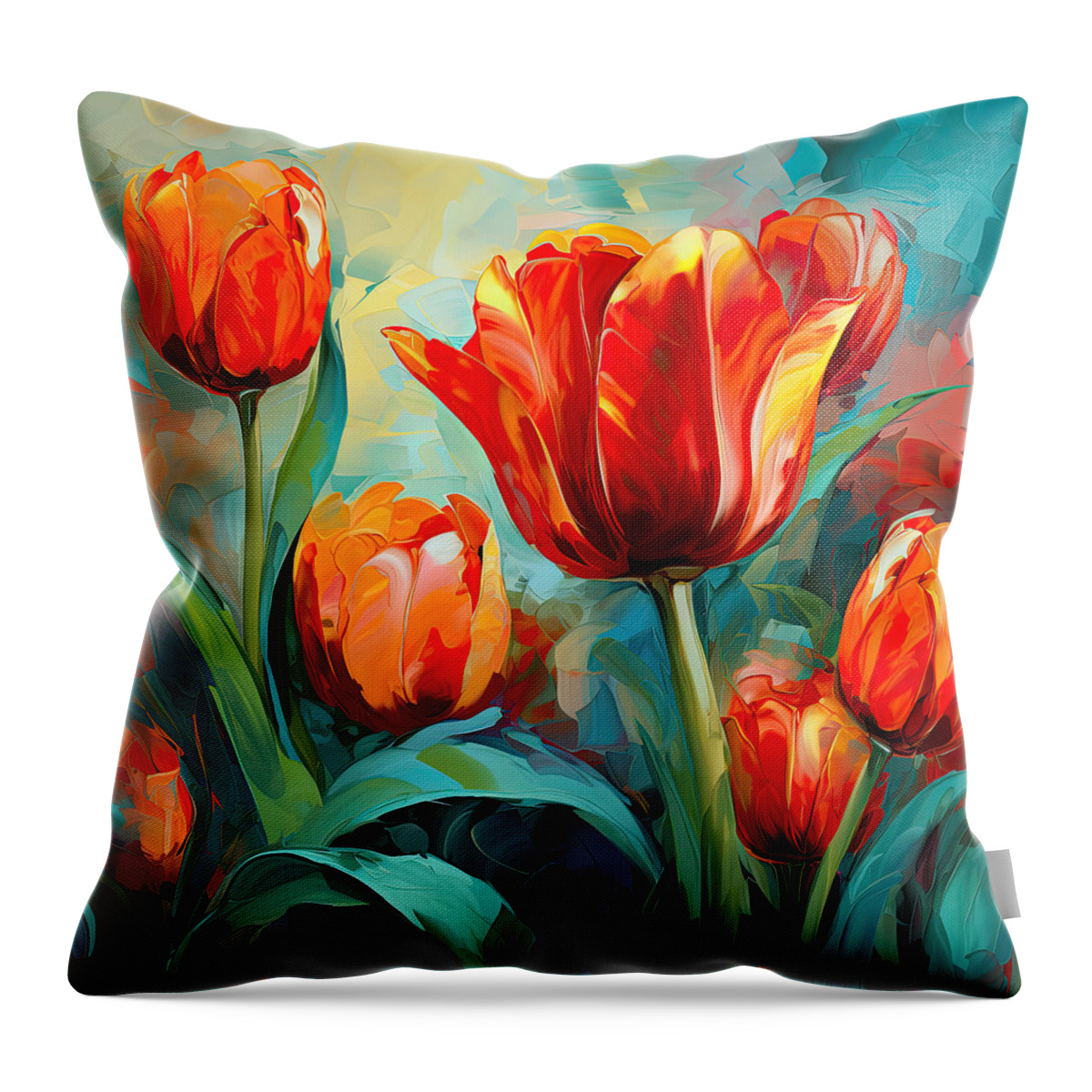 Red Tulips Throw Pillow featuring the digital art Devotion To One's Love - Red Tulips Painting by Lourry Legarde