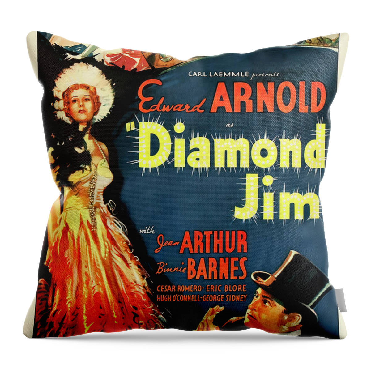 Diamond Throw Pillow featuring the mixed media ''Diamond Jim'' movie poster, with Edward Arnold, 1935 by Movie World Posters