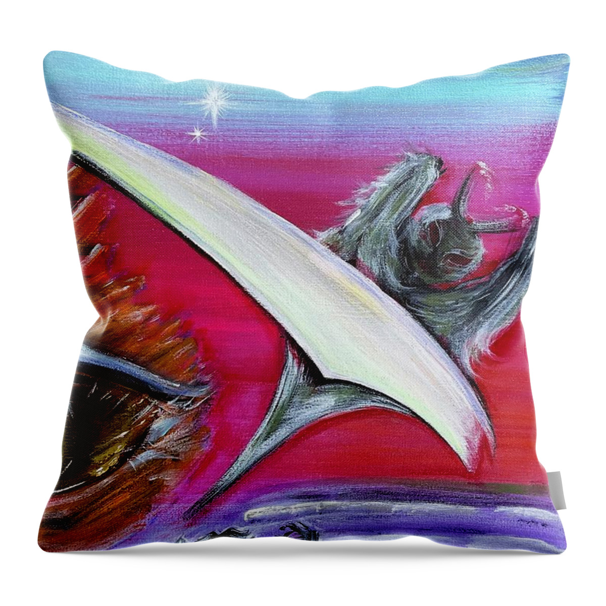 Angel Throw Pillow featuring the painting Taras Diptych 1 of 2 Fallen Angel Lucifer by Tara Dunbar