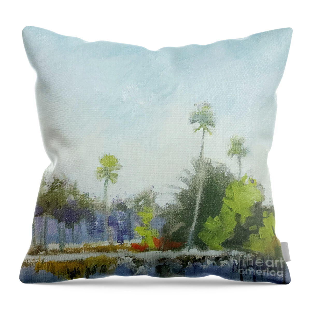 Trees Throw Pillow featuring the painting Distant Palms Minimal Tree Marsh by Mary Hubley