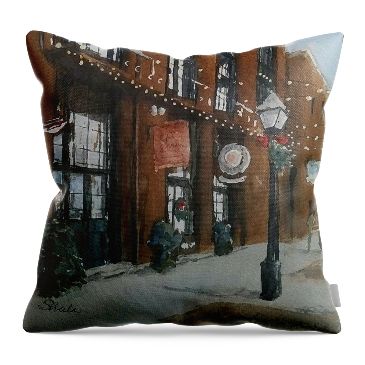 Cityscape Throw Pillow featuring the painting Distillery at Christmas by Sheila Romard