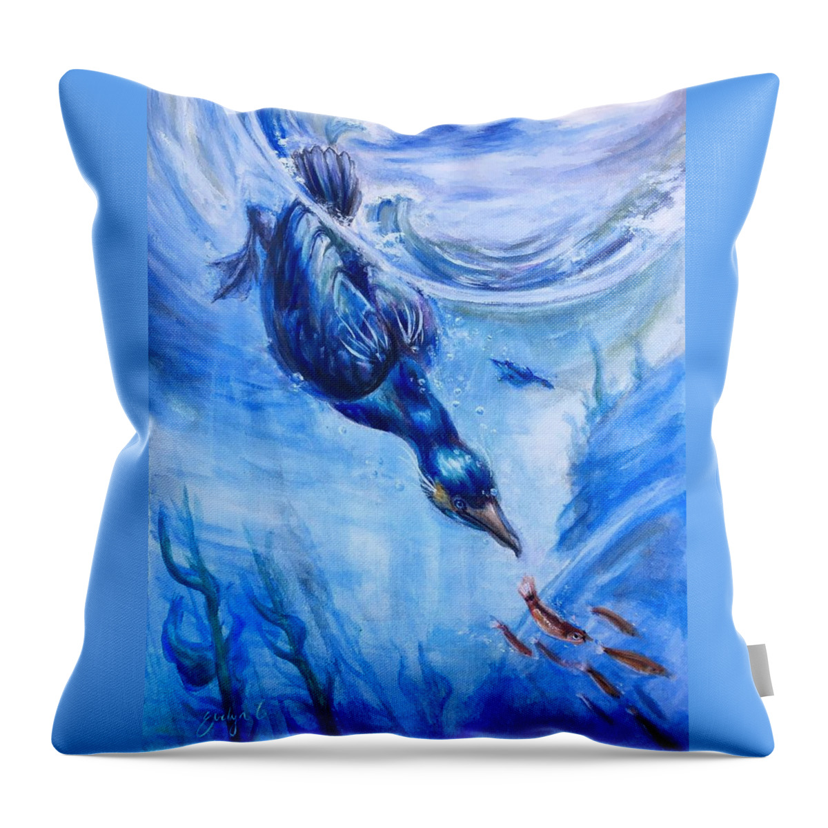 Brandts Cormorant Throw Pillow featuring the painting Dive-Through Diner by Evelyn Chuang 9th grade by California Coastal Commission