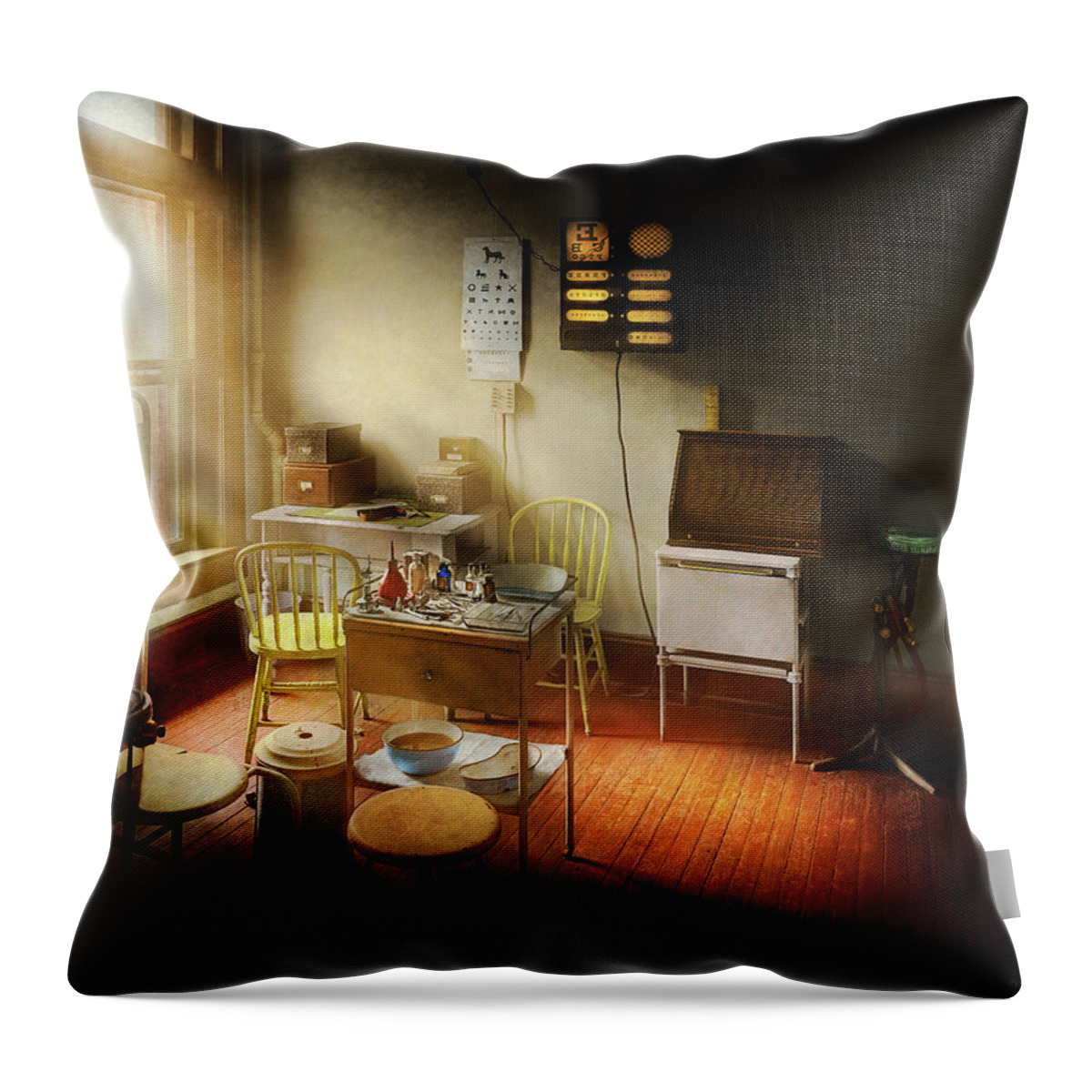 Doc Throw Pillow featuring the photograph Doctor - Optometrist - Ophthalmologists exam room 1924 by Mike Savad