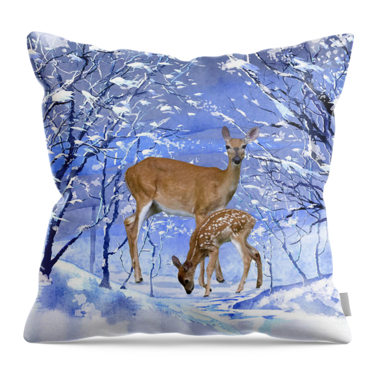 Doe Throw Pillow featuring the mixed media Doe And Her Fawn Winter Scene by Sandi OReilly