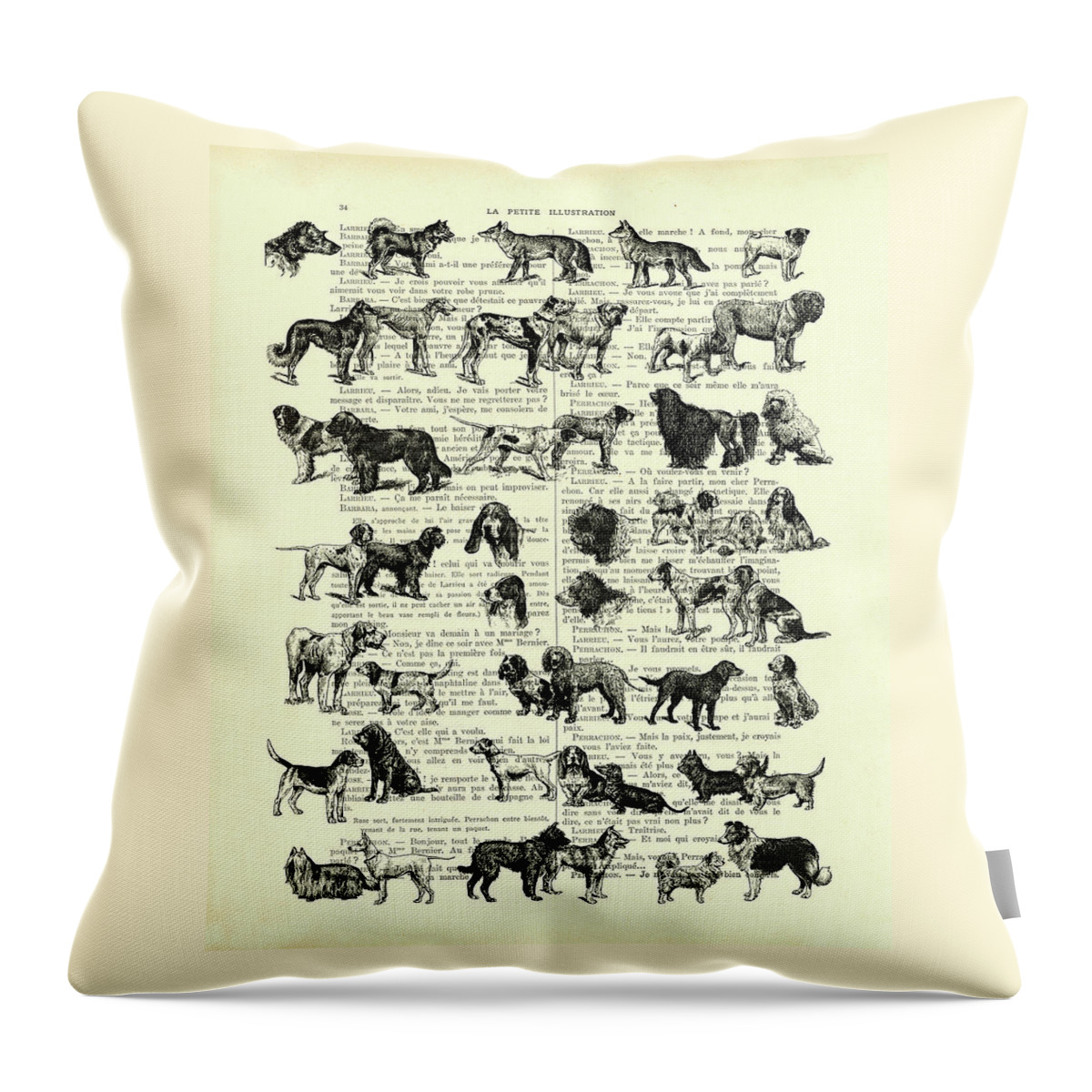 Dog Throw Pillow featuring the digital art Dog breeds on antique French book page by Madame Memento