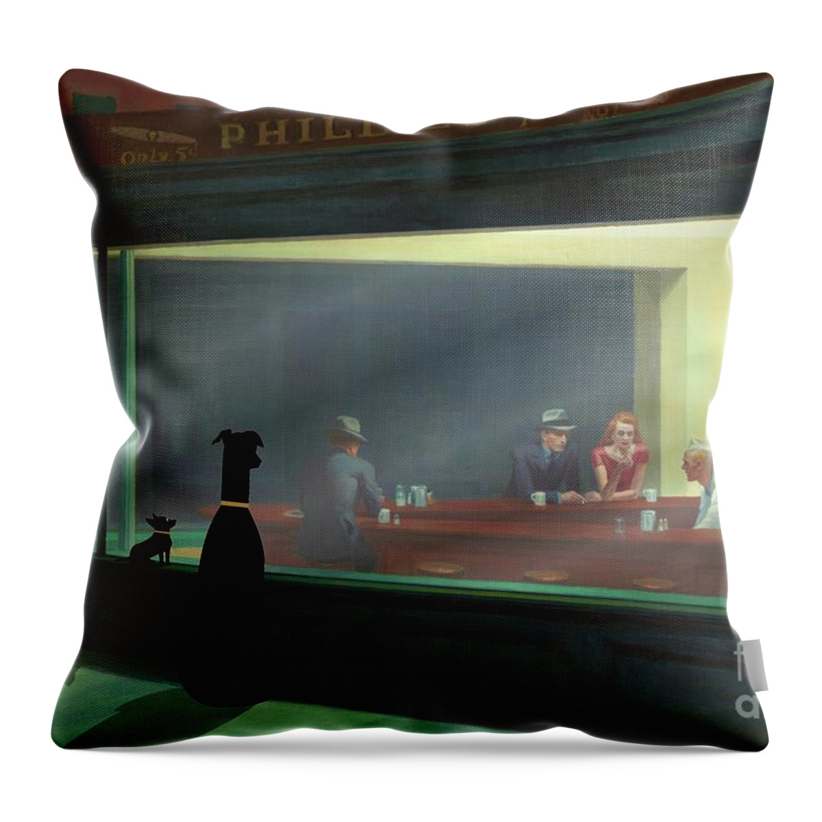 Nighthawks Throw Pillow featuring the digital art Dogs Peer Into Nighthawks Diner by Donna Mibus