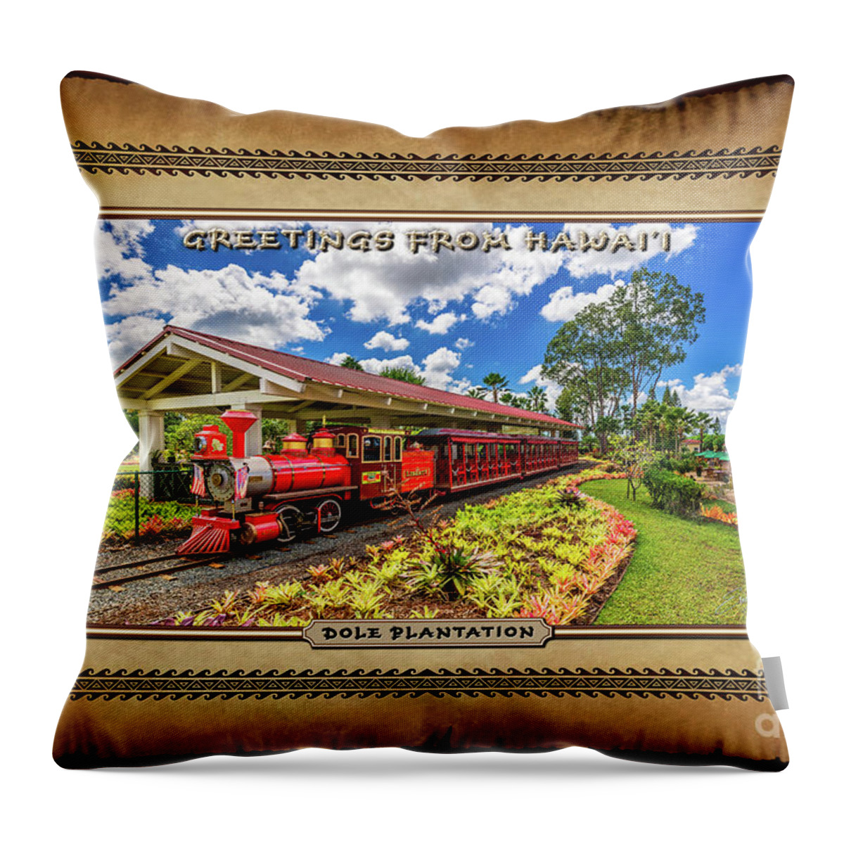 Dole Plantation Train Throw Pillow featuring the photograph Dole Plantation Train Oahu Hawaiian Style Postcard by Aloha Art