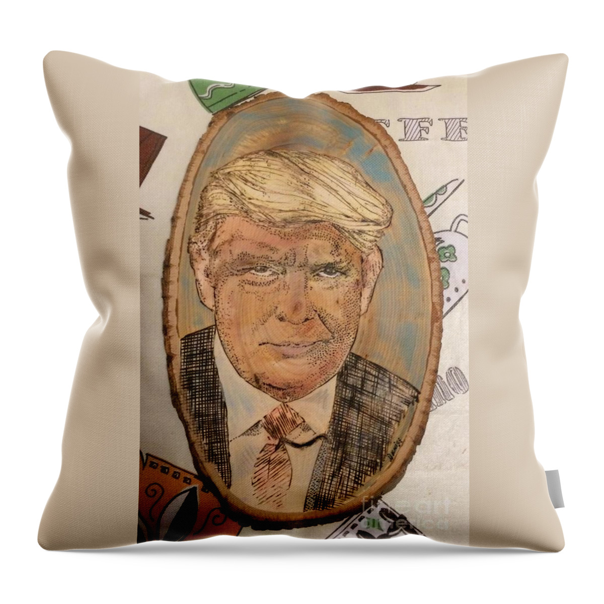 Donald Trump Throw Pillow featuring the pyrography Donald Trump by Denise Tomasura