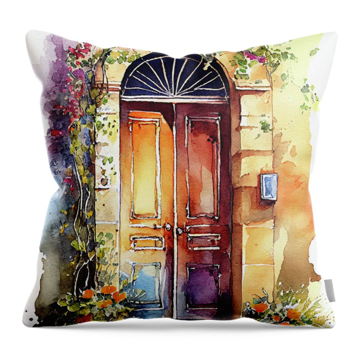 Watercolor Throw Pillow featuring the painting Door of Serenity by Greg Collins