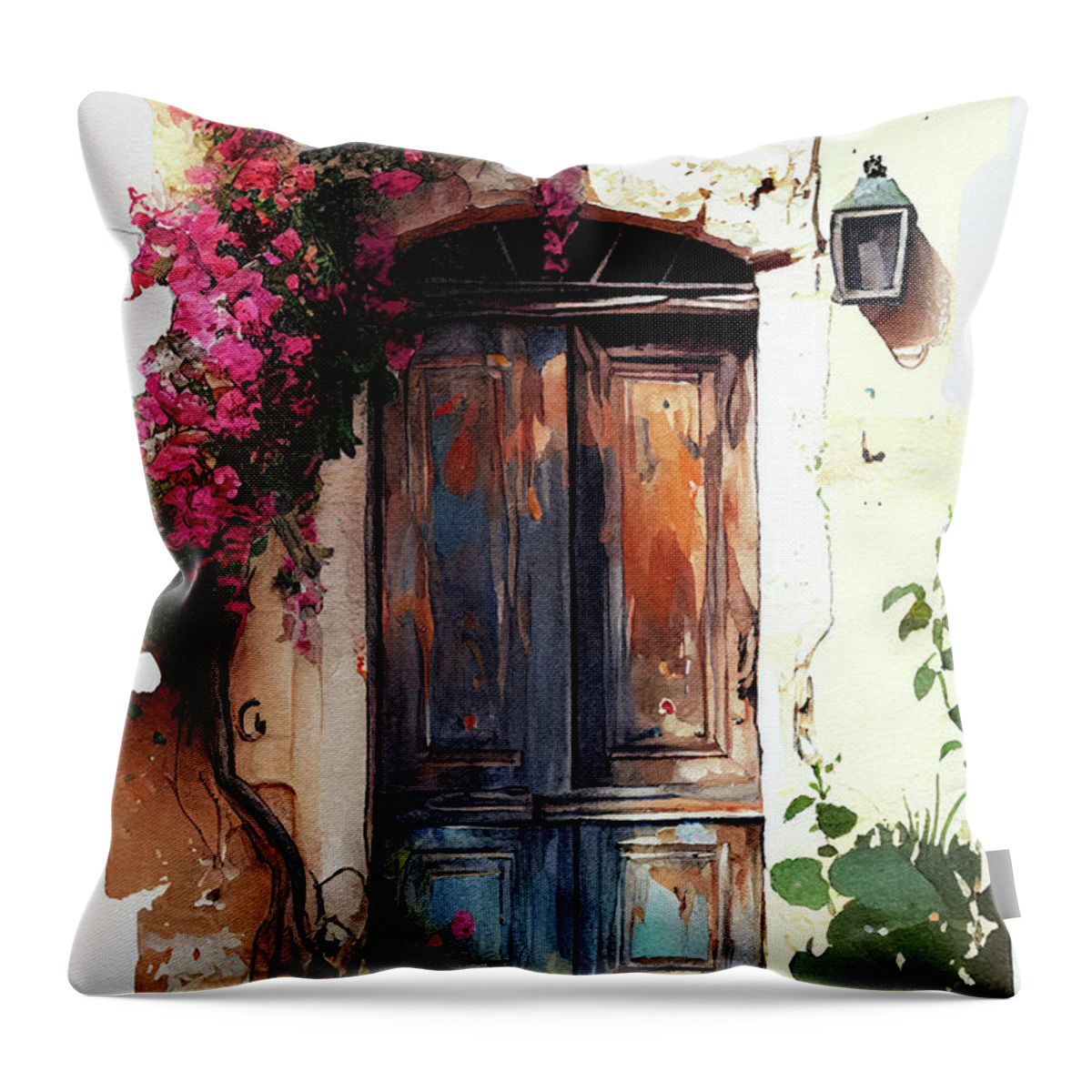Watercolor Throw Pillow featuring the painting Door of Wonder by Greg Collins