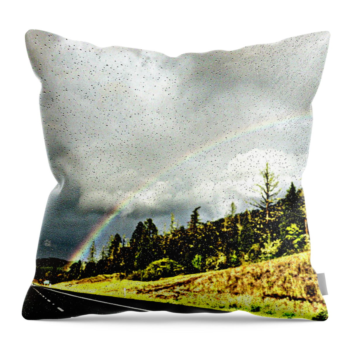 Rebecca Dru Throw Pillow featuring the photograph Double Rainbow Thru Rain Drops by Rebecca Dru