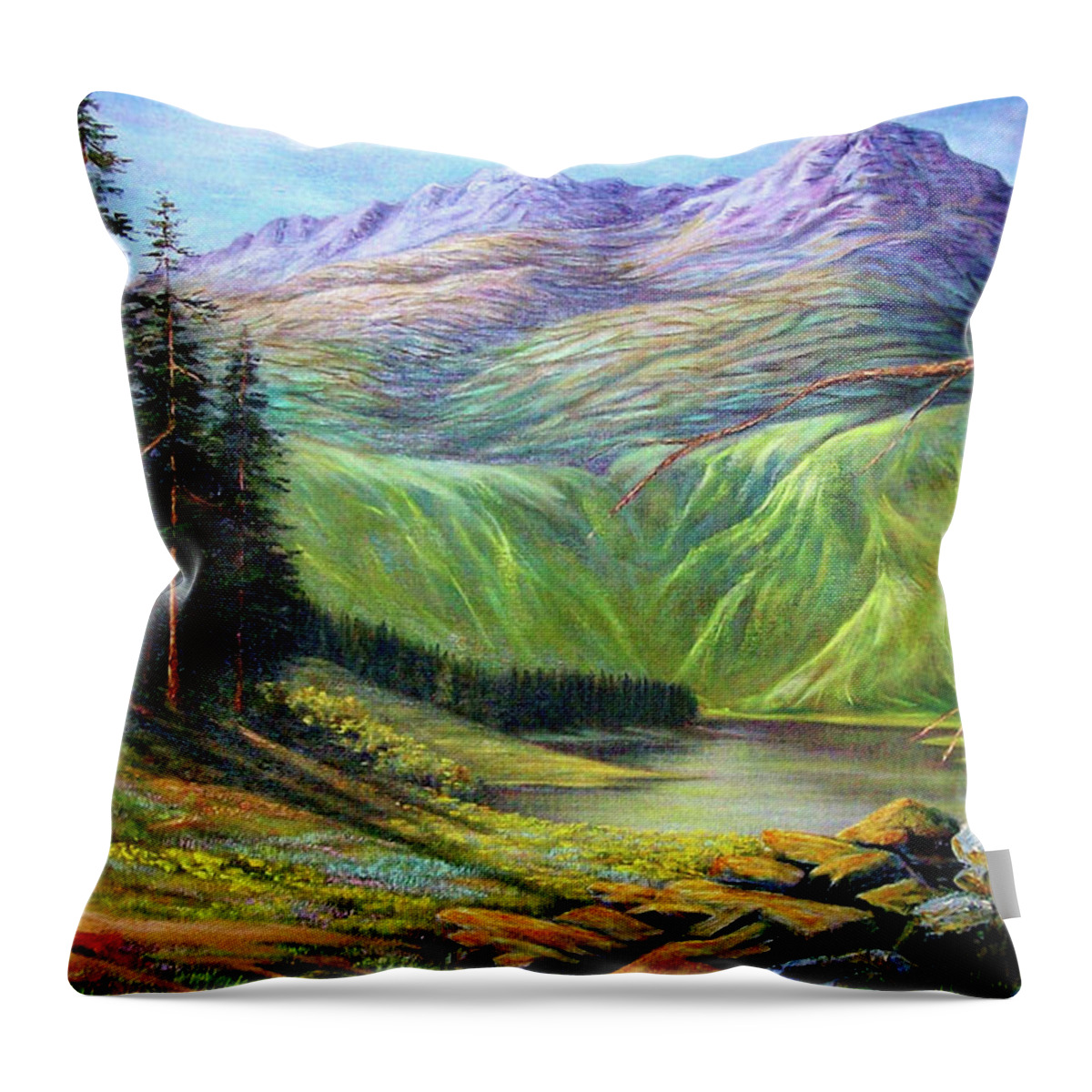 Lake Throw Pillow featuring the painting Doug's Hidden Valley by Loxi Sibley