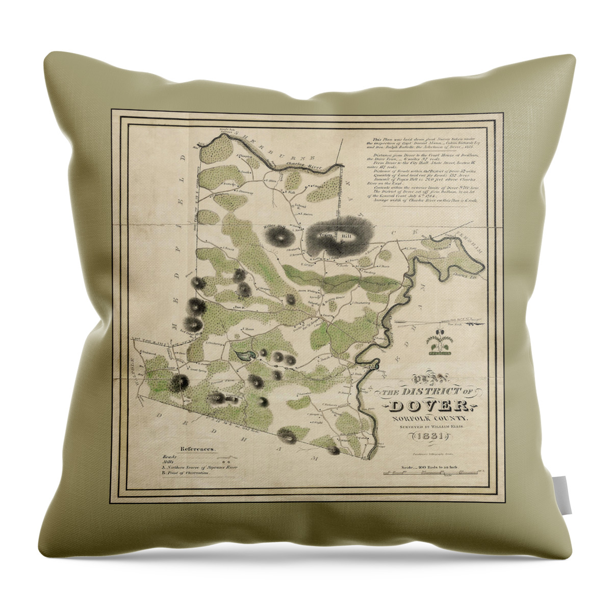 Dover Throw Pillow featuring the photograph Dover Massachusetts Historical Map 1831 by Carol Japp