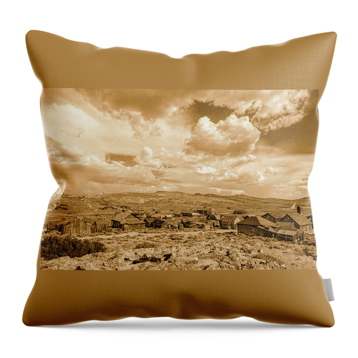 Bodie Throw Pillow featuring the photograph Downtown Bodie Sepia by Ron Long Ltd Photography